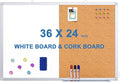 Magnetic White Board and Cork Board Combo, 36 X 24 inches Whiteboard Bulletin Combination Board, Wall Mounted Dry Erase Message Board for Home, School and Office