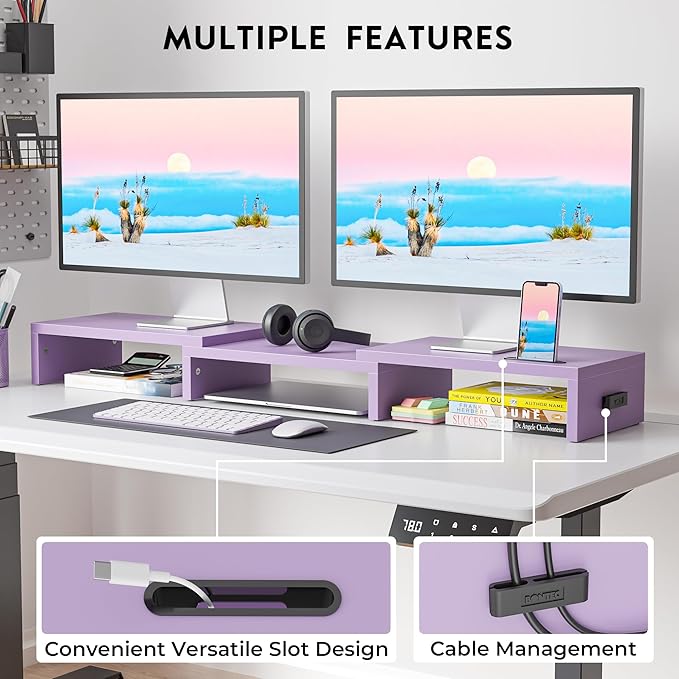BONTEC Dual Monitor Stand Riser with Smartphone Holder, Adjustable Length & Swivel Angle, Ergonomic Wooden Desktop Organizer for PC Monitor, Laptop, Printer, Large Storage, Purple