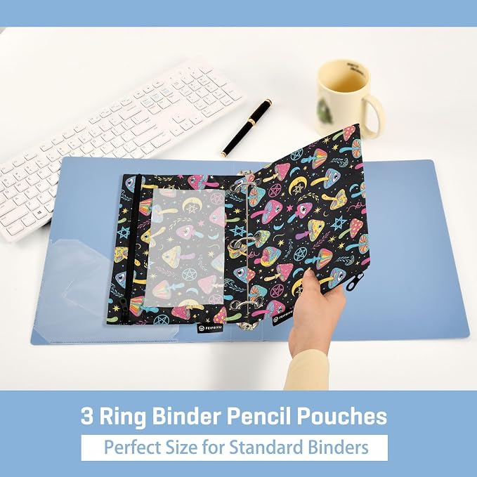 Mushroom Eyes Colorful Pencil Pouch for 3 Ring Binder 2 Pack Binder Pencil Case with Clear Window Pencils Bags with Zipper for Office School College Supplies