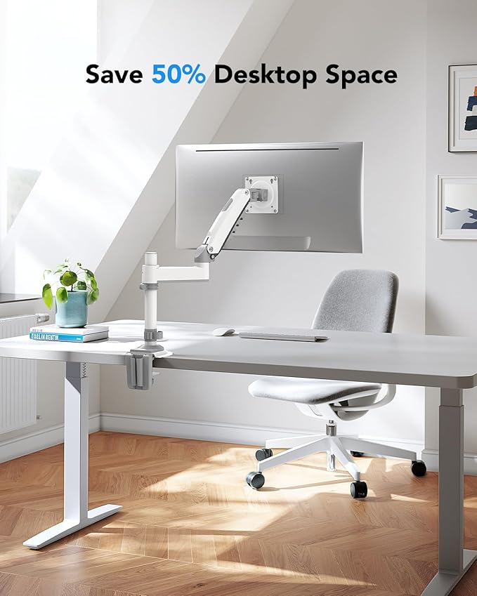 HUANUO Single Monitor Arm, Adjustable Desk Mount for 13-34 inch Screens, Holds 19.8lb, 22.44 inch Max Height, Full Motion Swivel Monitor Stand with VESA 75x75mm and 100x100mm, White