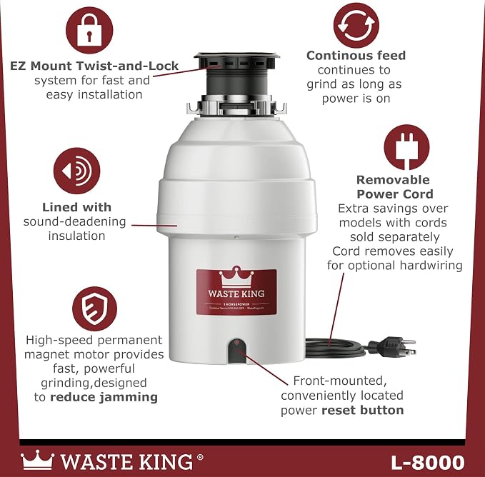 Waste King Garbage Disposal for Kitchen Sink with Power Cord, Food Waste Disposer, L-8000