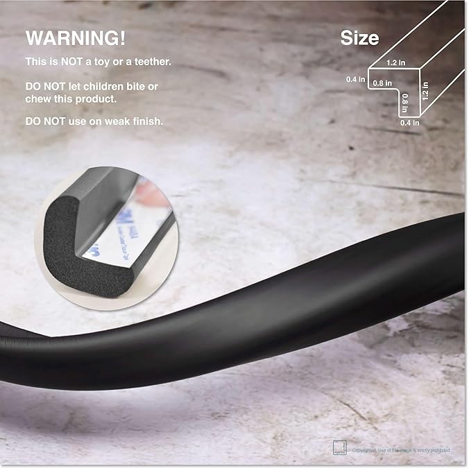 Roving Cove HeftyFit Edge Protector for Baby Proofing (12ft Large Edge Only), Heavy-Duty Soft Rubber Foam Furniture Edge Bumper Guard, Desk Edge Cushion, Wall Corner Covers, 3M Adhesive, Onyx Black