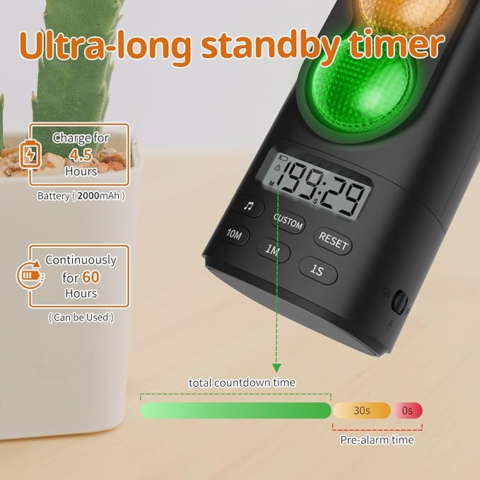 Traffic Light Visual Timer&ADHD Tool for Kids Adults Display Volume Adjustment, with 4 Ringtones for Classroom Desk Home Kitchen Game Countdown Pause Memory Function Charger Type C Included
