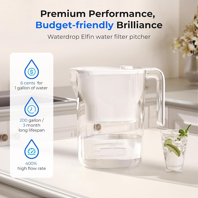 Waterdrop PT-05W-L Water Filter Pitcher, 7-Cup, NSF Certified, White | 200-Gallon Long-Life Filter Purifier, Reduces Chlorine and PFOA/PFOS, Replaces 6,400 Plastic Water Bottles a Year