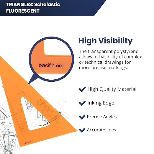 Pacific Arc's Scholastic Triangle - 8 inch - Fluorescent - 30/60 Angle - Polystyrene - Inking Edge - Technical Drawing Tools, Drafting, Architect and Engineering.