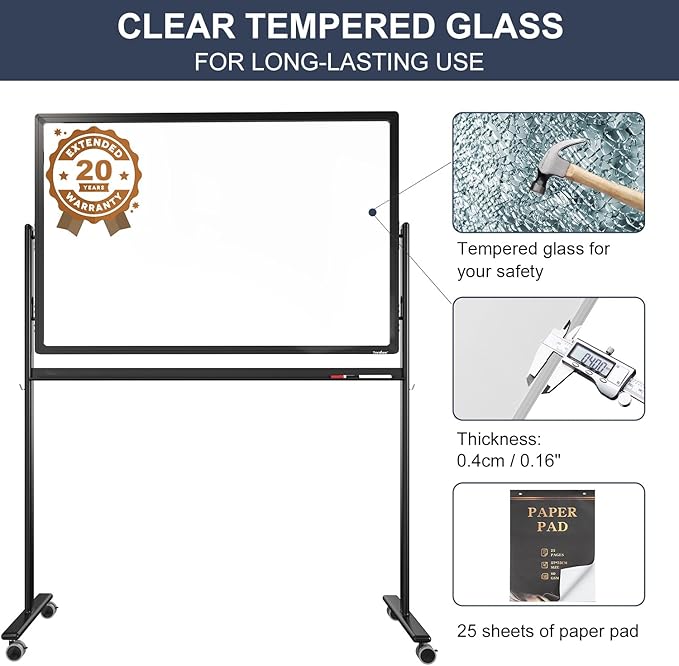 Mobile Clear Glass Whiteboard on Wheels - TANKEE 48" x 32" Dry Erase Board with Stand, Large Rolling White Board with 25 Sheets Paper Pad, Transparent Tempered Glass Board for Office Home School