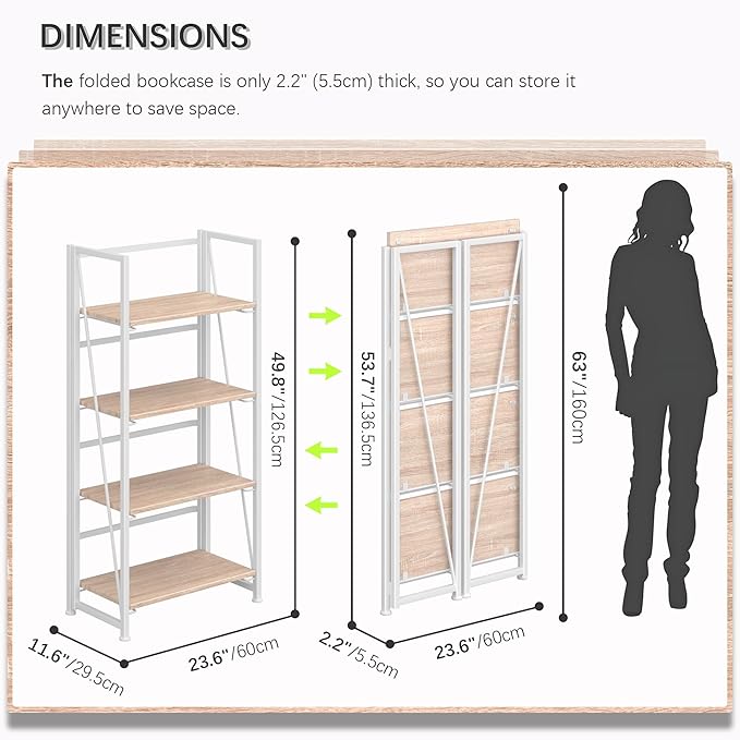 4NM No Assembly Folding Bookshelf Storage Shelves 4 Tiers Vintage Bookcase Standing Racks Study Organizer Home Office (Natural White)