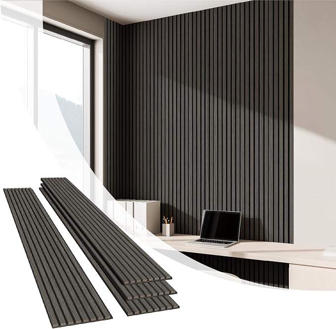 Olanglab Wood Slat Wall Panels 4 Pack, Wooden Acoustic Wall Panels, 94.5"x12.6" Each 3D Wall Panels for Interior Wall Decor (Black-Extendo Trio)