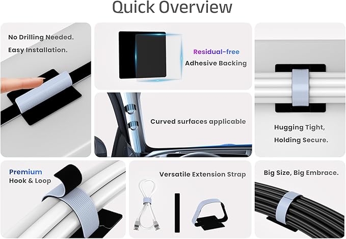 Under Desk Cord Management Straps, Adhesive-Backed Heavy-Duty Reusable Mounting Straps, Cable Management, Self Adhesive Hook and Loop Strap Set, for Large Cord Bundles, Power Strips & Devices