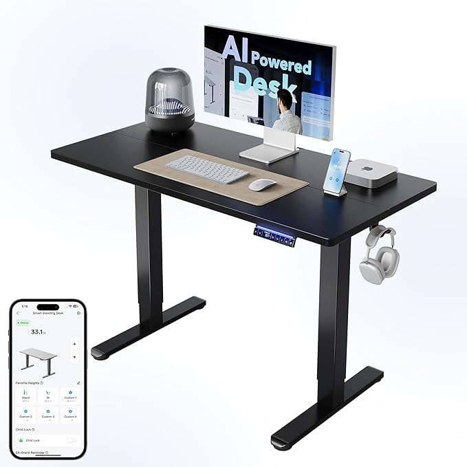 HUANUO AI-Powered Electric Standing Desk with Smart APP, Compatible with Alexa & Google, Adjustable Height, 6 Memory Settings, Sedentary Reminder, Ergonomic Sit-Stand Desk, 48-inch, Black
