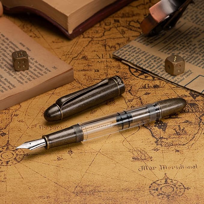 Asvine P30 Piston Fountain Pen Steel Fine Point, Retro Brass Style, Clear Demonstrator Acrylic Pen Large Ink Capacity Writing Gift Box