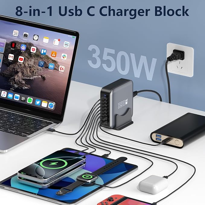 350W USB Fast Charging Station, 8 Port USB C Multi Port Charger Block with PD 100W Fast Charging Station for Multiple Devices, USB Charger Block Compatible iPhone, Android Cell Phone, Tablet, iPad