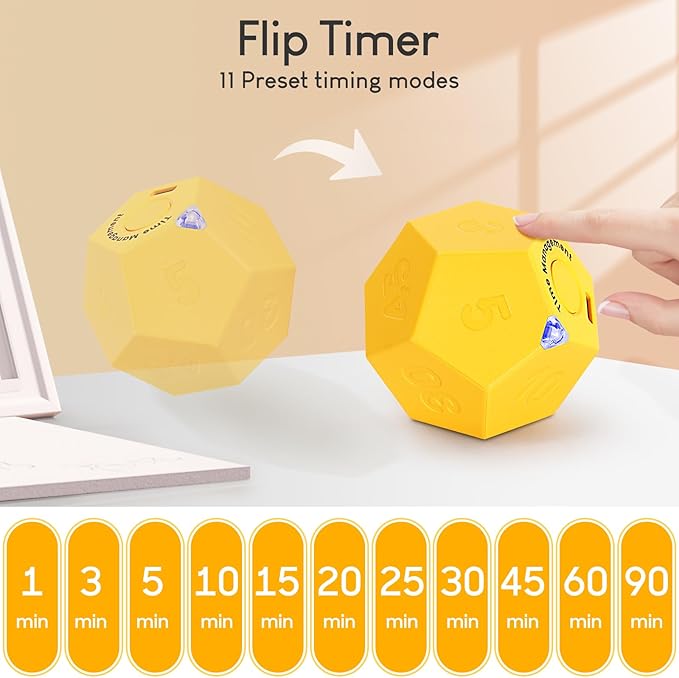 Yellow Pomodoro Timer - 11 Preset Productivity Cube, Ring/Vibrate Mode, Rechargeable, Perfect for Cooking, Learning, Exercise and Beauty