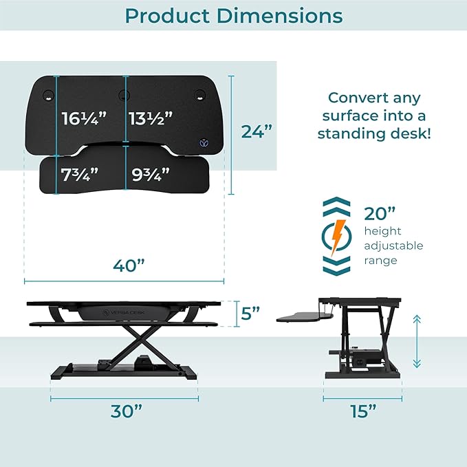 VERSADESK® PowerPro™ 40” x 24” Standing Desk Converter | 40 inch Electric Height Adjustable Sit to Stand Desk Riser w/ Keyboard Tray & USB Hub - Ergonomic Workstation for Home & Office, Black