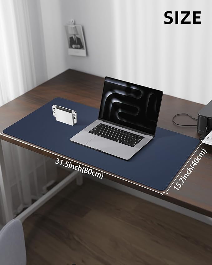 Leather Desk Pad Protector, Mouse Pad, Office Mat, Non-Slip PU Leather Blotter, Laptop Pad, Waterproof Writing Pad for Office and Home (Midnight Blue, 31.5" x 15.7")