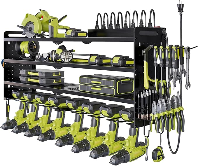 NattyDot Power Tool Organizer Wall Mount with Charging Station,Cordless Tool Organizer 8 Drill Holder, 4 Layer Storage Rack for Garage Organization,Tool Holder with 8 Outlet Power Strip (Black)