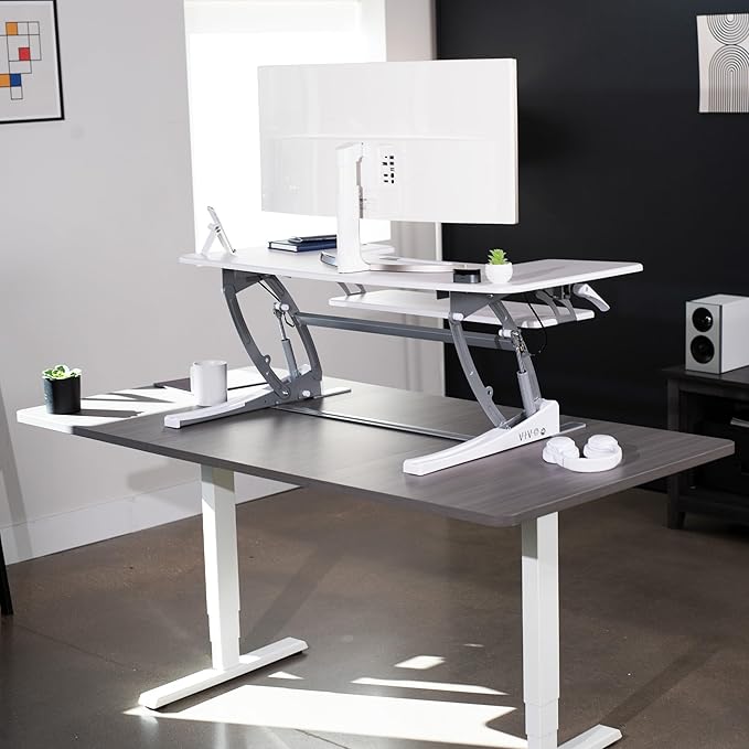 VIVO 48 inch Height Adjustable Large Stand Up Desk Converter, V Series, Quick Sit to Stand Tabletop Dual Monitor Riser Workstation, White, DESK-V048VW