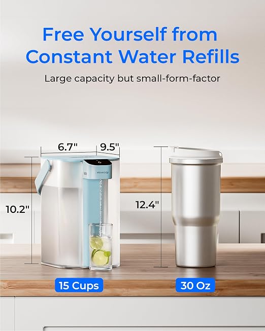 Waterdrop ED01LB Electric Water Filter Pitcher, 15-Cup Capacity, Light Blue | NSF/ANSI 42&53&401&372, Reduce 99.6% of Lead and 45+ Impurities, Rechargeable Instant Dispenser, Does not Lower TDS