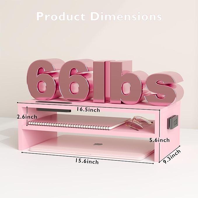 BONTEC Wooden Monitor Stand Riser, 2-Tier Desk Shelf with Storage Organizer, Ergonomic Computer Stand with Cable Management, Cellphone Holder, Pink, 16.5 Inch