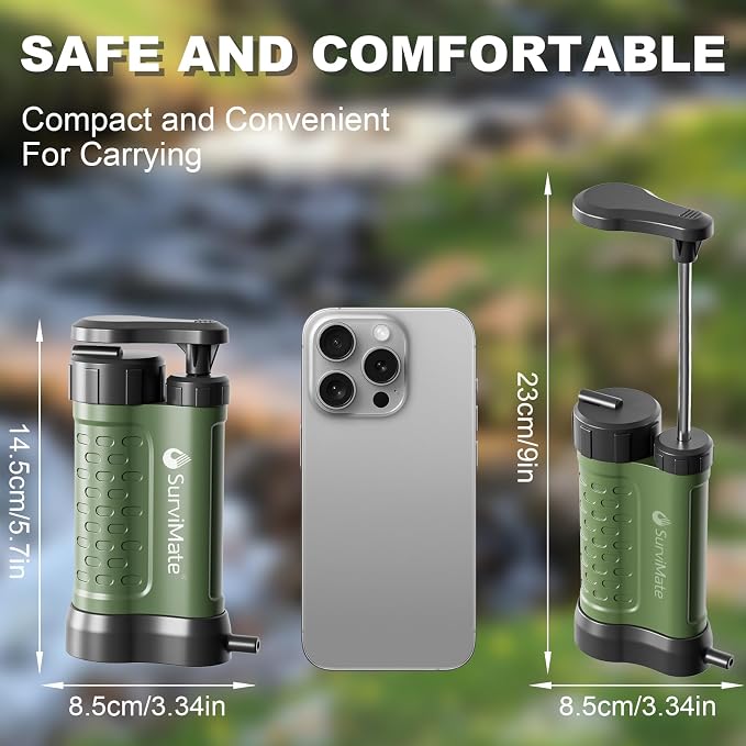 SurviMate Water Purifier Survival Pump，Replacement Cartridge，0.01 Micron 5-Stage Water Purifier System，Hand Pump Water Filter Portable Outdoor Emergency，Camping, Hiking, Backpacking