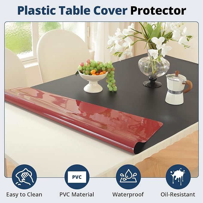 OstepDecor Black Table Cover Protector 40 x 66 Inch, 1.5mm Thick Plastic Table Cover, Dining Table Protector Pad, Waterproof & Easy Cleaning PVC Desk Mat for Dresser, Coffee & Kitchen Wooden Tabletop