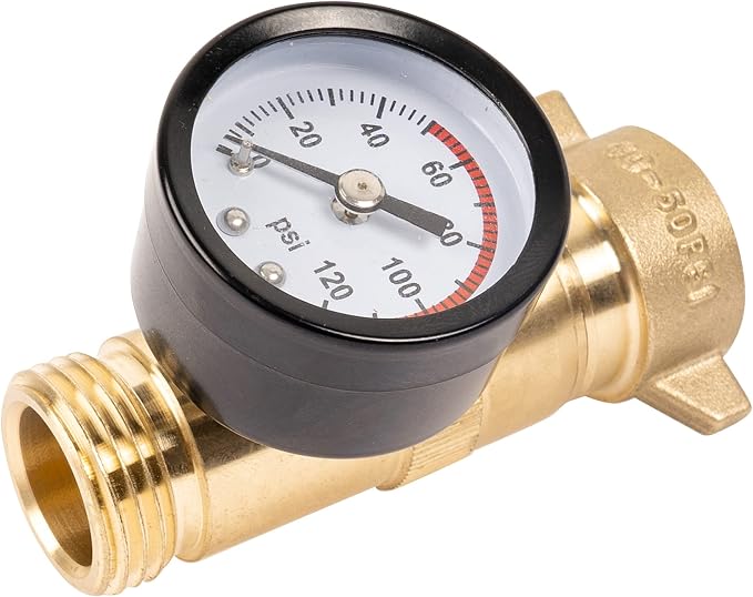 Hourleey Brass RV Water Pressure Regulator, Hi-Flow Water Regulator With Filter Screen and Gauge for Campers, Travel Trailers, Plumbing System
