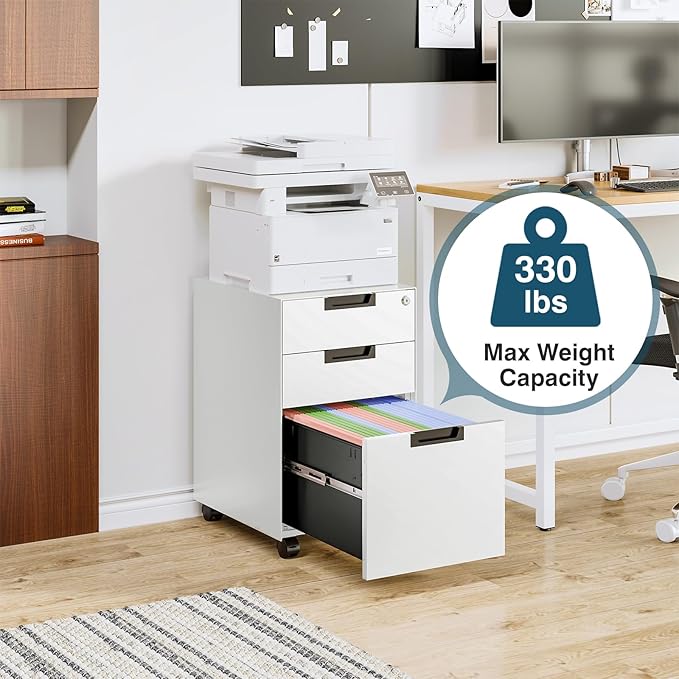 MIIIKO 3 Drawer Filing Cabinet with Lock, Metal Vertical File Cabinets for Home Office, Full Assembled File Cabinets Under Desk, Letter/Legal/A4 File Folders Storage