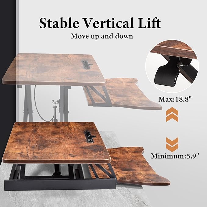 37 Inch Standing Desk Converter - Manual Pneumatic Spring, Two Monitor Stable Standing Desk Converter, 5.9"to18.8"Height Adjustable Laptop Workstation With Keyboard Tray For Home, Company(Tiger Brown)