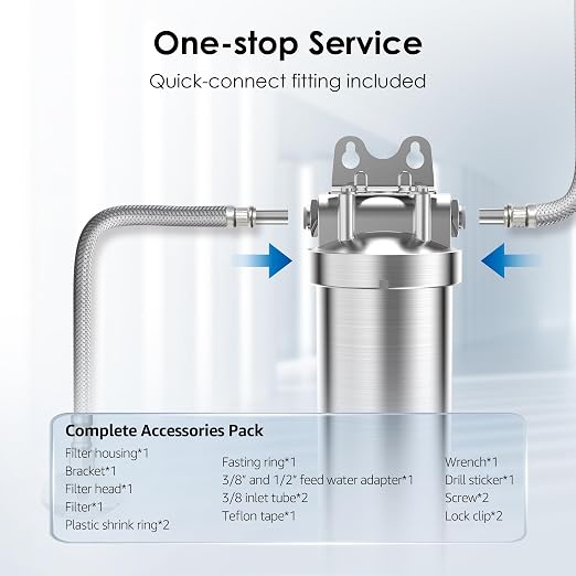 Waterdrop AS08 Stainless Steel Under Sink Water Filter System, Reduces Lead | Reduces Chlorine, Heavy Metals, Bad Taste (1 Filter Included), 1 Years Lifetime Under Sink Water Filter, 5X Service Life