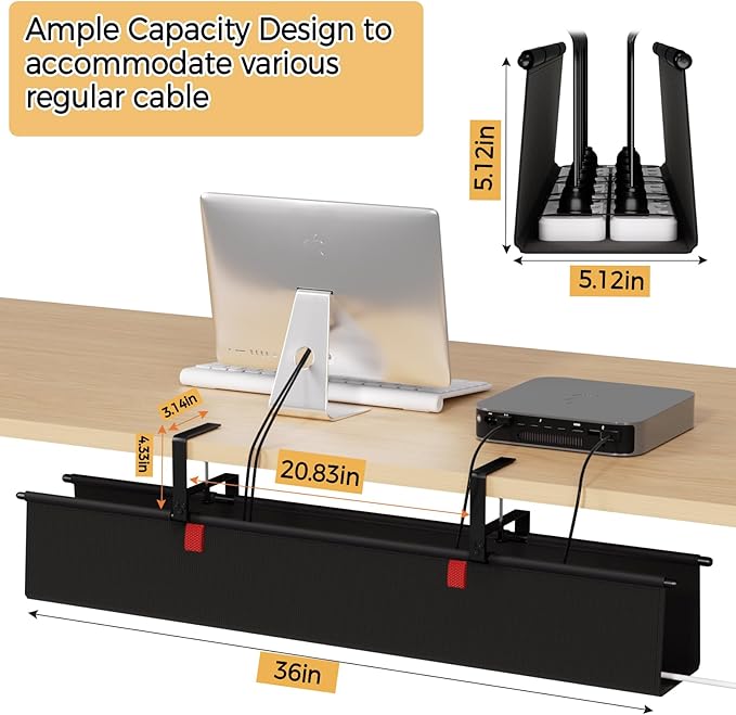 Under Desk Cable Management Tray - 28" Cord Organizer for Desk No Drill, Fabric Under Table Wire Organizer with 16X Cable Ties Hide for Office/Home, Cord Hider Fits Adapters & Sockets, Black