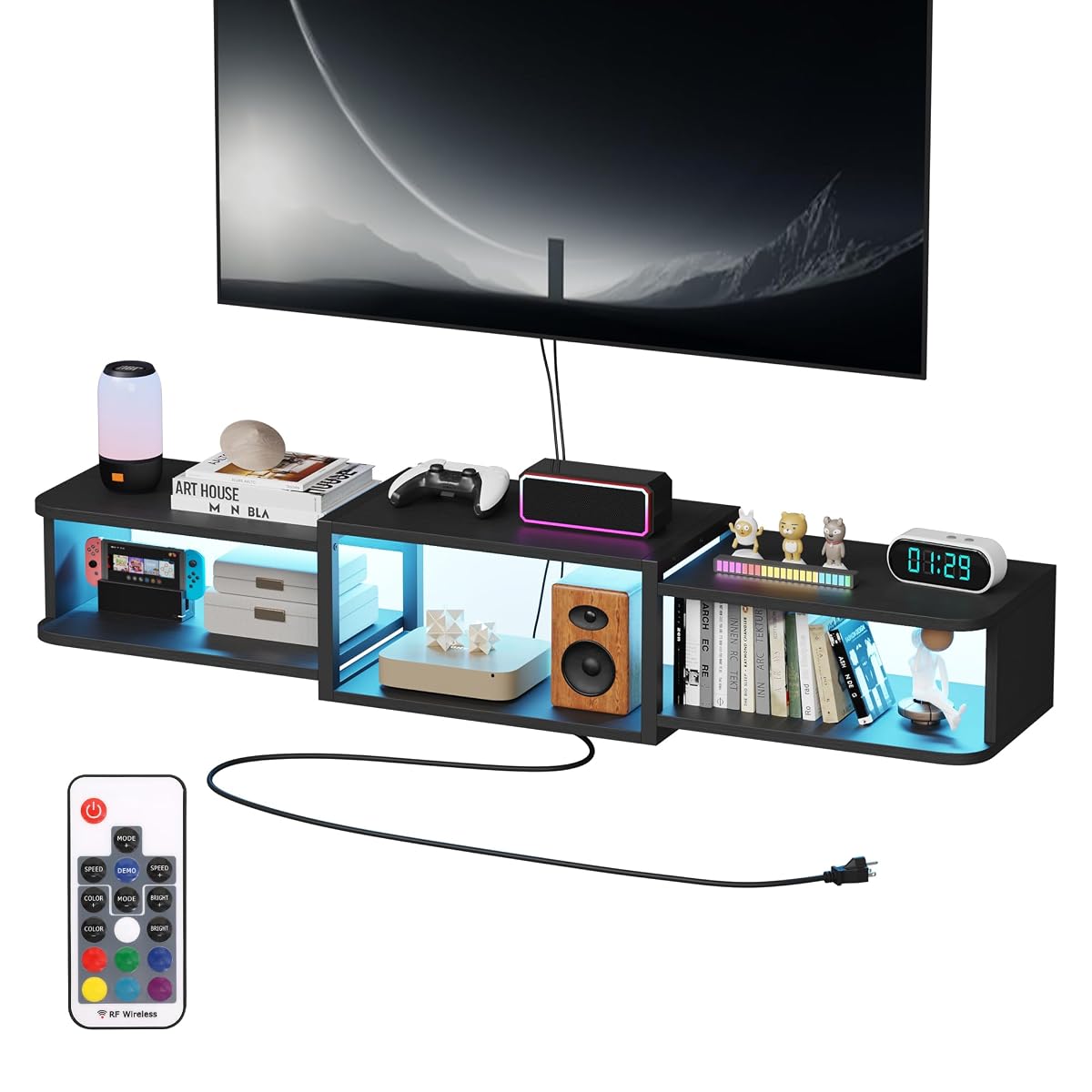 Floating TV Stand with LED, 47.3" USB Charging, Black