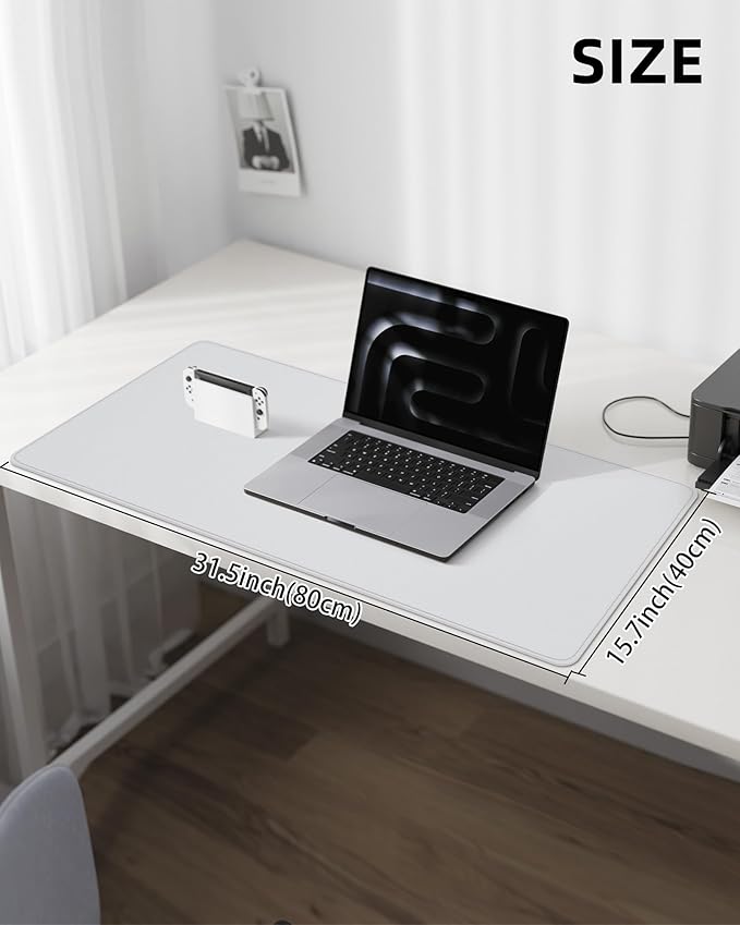 Leather Desk Pad Protector, Mouse Pad, Office Mat, Non-Slip PU Leather Blotter, Laptop Pad, Waterproof Writing Pad for Office and Home (White, 31.5" x 15.7")