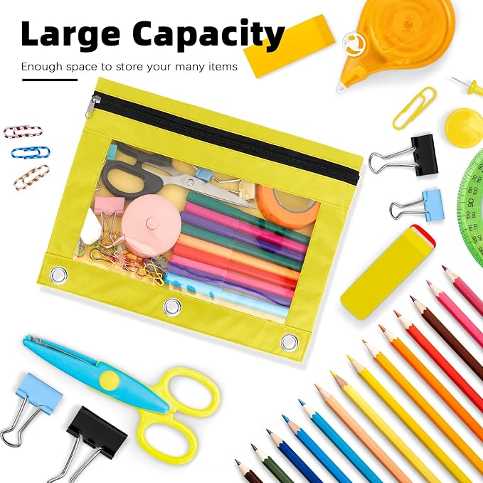 Pencil Pouch for 3 Ring Binder, 8 Pack Pencil Bags with Zipper, Large Capacity Pencil Case for Binder Assorted Color Pencil Case Pouch with Clear Window and Grommets Pencil Pocket for Office Supplies