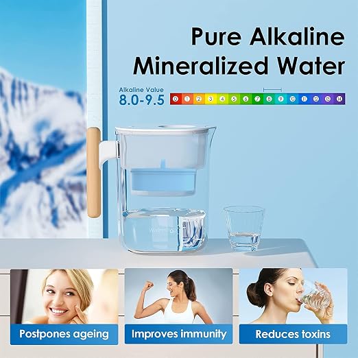 Waterdrop PT-04C-A Alkaline Water Filter Pitcher, 10-Cup Capacity, Clear | Healthy, Clean & Toxin-Free Mineralized Alkaline Water, Up to pH 9.5, BPA-Free, 100 Gallons, Sturdy Wooden Handle