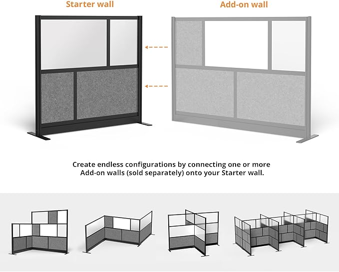 Stand Up Desk Store Expanse Modular Wall | 53'' x 48'' Wall | Expandable Partition Room Divider with Rearrangeable Frosted Acrylic & Sound Absorbent Panels (Black Frame)