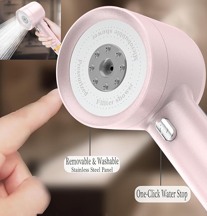 High Pressure Shower Head with Handheld, with Pause Switch 4 Spray Modes Water Saving Showerhead,Showerhead Set with Hose, Bracket and Cotton Filter, (pink)