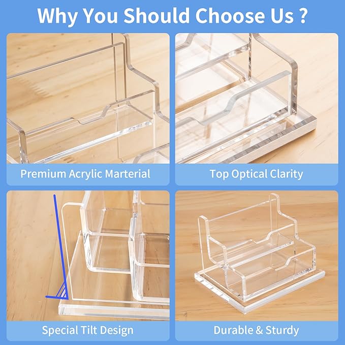 NIUBEE Clear Business Card Holder 2 Tier Acrylic Business Card Stand, 2 Slots Business Card Display for Desk Counter, 150 Card Capacity, 1 Pack