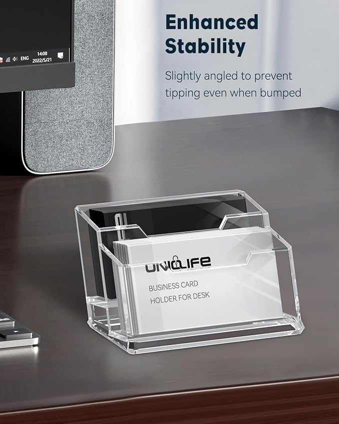 Uniclife Acrylic Business Card Holder for Desk 2 Slots Clear Business Card Display Stand for Men & Women Desktop Business Card Organizer Card Stand for Office Home Exhibition, 120 Card Capacity