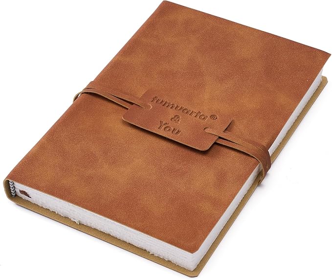 tumuarta Deckle Edge Watercolor Paper Sketchbook, 100% Cotton Vintage Leather Journal, 140 Lb, 300 GSM, 24 Sheets Handmade Diary for Mixed Media Techniques. (Brown, 7.5"x5")