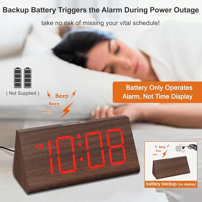 DreamSky Wooden Digital Alarm Clocks for Bedrooms - Electric Desk Clock with Large Numbers, USB Port, Loud Alarm for Heavy Sleepers, Adjustable Volume, Dimmer, Snooze, DST, Wood Décor, Adapter Powered