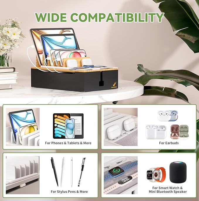 Pezin & Hulin Bamboo Charging Station for Multiple Devices, USB Charger Dock Organizer, with Power Supply (10 Ports HUB), 6 Cables, Cable Management Organizer for Cell Phones, Tablets -Natural+Black