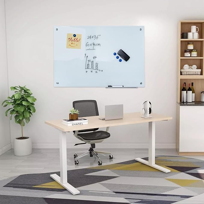 Glass Whiteboard 36"X24" Magnetic Dry Erase Board Frameless Wall Mounted White Board WritingBoard for Office School Home Accessory Tray, 3 Dry Erase Marker,4 Glass Board Magnets and 1 Magnetic Eraser