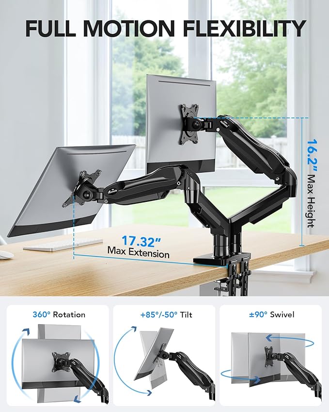 HUANUO Dual Monitor Stand, Fully Adjustable Gaming Monitor Desk Mount for 13–32″ Computer Screens, Full Motion VESA 75x75/100x100 with C-Clamp & Grommet Base, Each Arm Holds 4.4 to 19.8 lbs