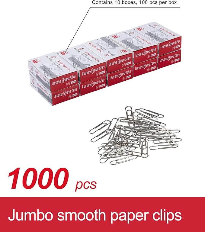 PAPERPAL Paperclips for Office School & Personal Use, Jumbo Smooth Paper Clip (2"), 1000 Large Paper Clips (10 Boxes of 100 Each), Silver