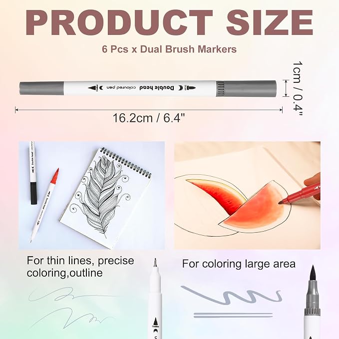 PATIKIL 6Pack Dual Brush Markers, Gray Watercolor Fine and Brush Tips Pens Colored Marker Calligraphy Coloring Art Supplies Set for Coloring Book Illustration Sketching Journaling