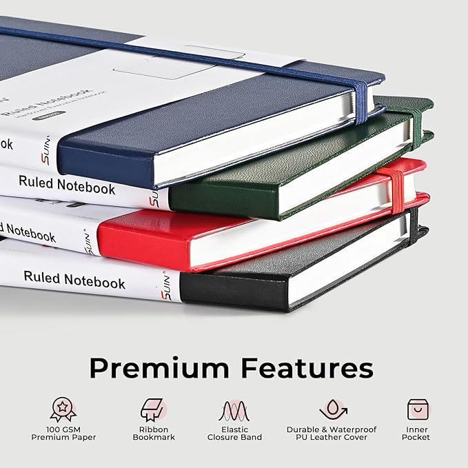 SUIN Lined Journal Notebooks for Work, School & Journaling – Black Hardcover, Medium 5.6 x 8 in, 160 Pages, 100 GSM Thick Paper for Note Taking & Writing (Black-8Pack)