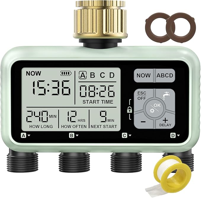 Watering Timer 4 Zone with with Brass Inlet, Sprinkler Timer, Programmable Garden Outdoor Hose Faucet Timers with Rain Delay/Manual/Automatic Watering System,Water Hose Irrigation Timers 4 Outlet