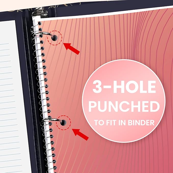 Oucaru College Ruled Spiral Notebooks, 8x10.5 Subject Notebook for School | 5 Pack 1-Subject Notebooks with 70 Sheets Per Book, 3-Hole Punched Lined Paper, for Writing Journal, Home & Office