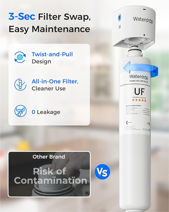 Waterdrop 17UBW-UF 0.01 μm Ultra Filtration Under Sink Water Filter System | Reduces Lead, Chlorine, Bad Taste & Odor, with Dedicated Brushed Nickel Faucet, 3 Years