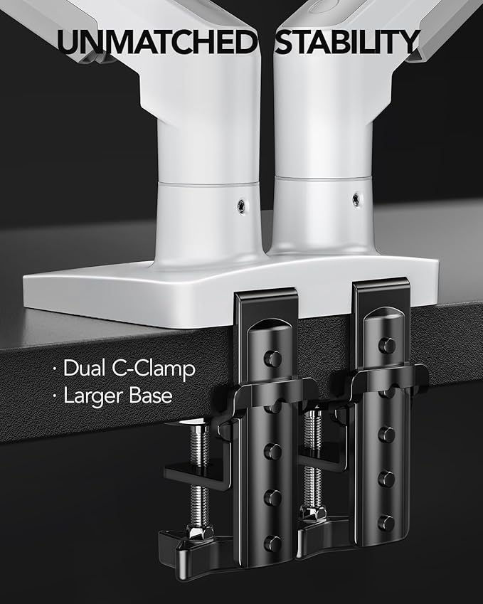 HUANUO Dual Monitor Stand - Full Adjustable Monitor Desk Mount Swivel Vesa Bracket with C Clamp, Grommet Mounting Base for 13 to 32 Inch Computer Screens - Each Arm Holds 4.4 to 19.8lbs - White